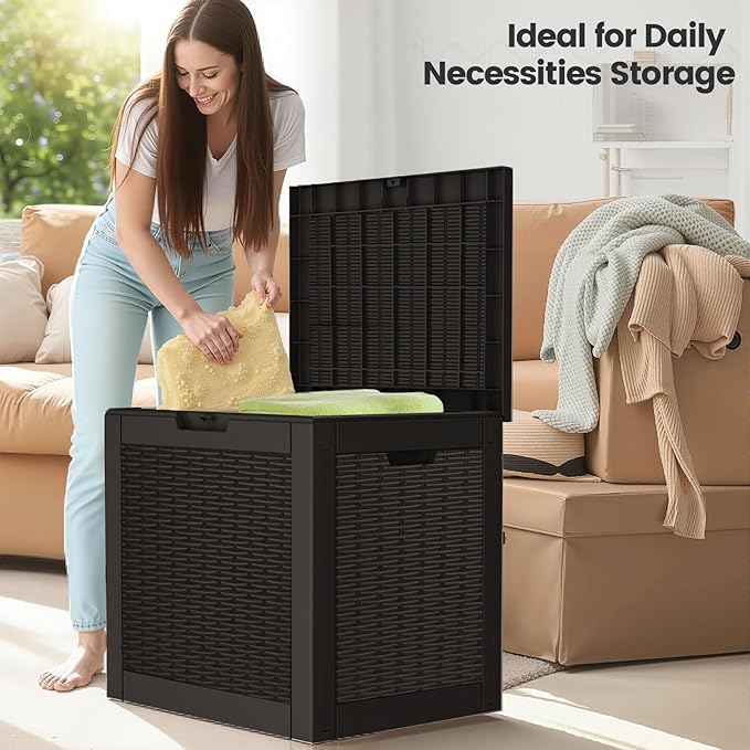 31 Gallon Outdoor Storage Box - Waterproof Resin Rattan Deck Bin for Indoor & Outdoor Use - Lockable & UV Resistant - Ideal for Package Delivery, Patio Cushions & Gardening Tools, Black
