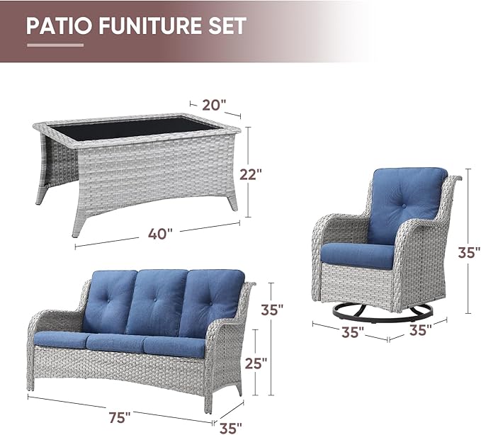 Patio Furniture 4 Piece, All-Weather PE Wicker Outdoor Furniture Set with Coffee Table,Outdoor Patio Furniture with Swivel Rocker Chairs and Outdoor Sofa