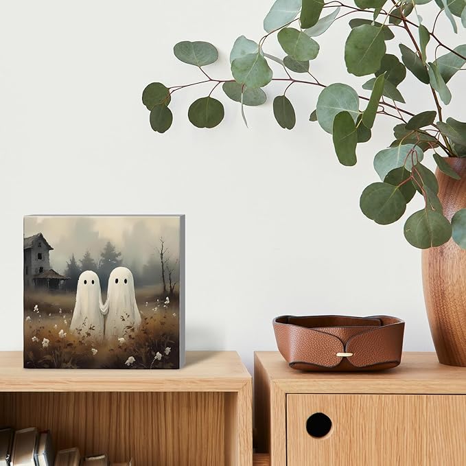 Mtrgdn Cute Halloween Decor,Halloween Decorations Indoor,Spooky Ghost Desk Decor Wooden Box Sign,Halloween Home Office Kitchen Bathroom Bedroom Coffee Bar Table Shelf Wall Decorations,5x5 Inch