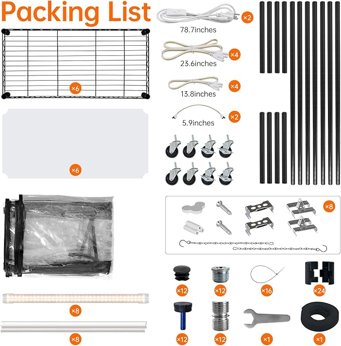 DIY Plant Shelf with Grow Lights and EVA Greenhouse Cover, Plant Stand with Adjustable Rack and Wheels, 8-Pack 192W T8 3000K Full Spectrum Plant Lights for Seed Starting (29.5L x 13.8W x 70.9H)