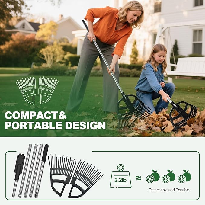 Adjustable Leaf Rake 30-65 Inch – 30 Tines Garden Rakes with Non-Slip Handle&Quick-Detach Head Lightweight Yard Rake for Wet Leaves, Pine Needles, Gravel