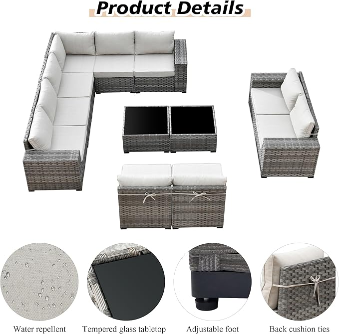HOOOWOOO 12 Piece Modular Patio Outdoor Sectional Furniture Sofa Set,Wicker Conversation Set,Out Door Couch Set with Wide Arm for Outside All Weather(Beige)