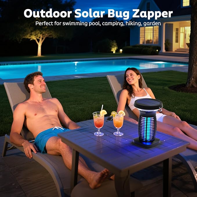 Solar Bug Zapper Outdoor, Mosquito Zapper Outdoor Waterproof Electric Fly Zapper Rechargeable Mosquito Killer with Solar Panel, 4200V Fly Trap Indoor for Home Backyard, Patio, Garden, Camping