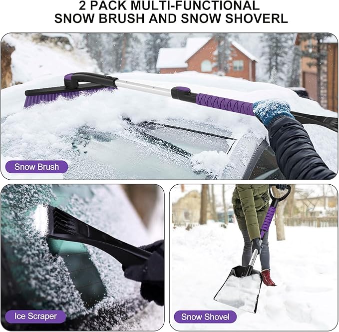 Odoland Ice Scraper with Snow Brush and Snow Shovel, 35" Extendable Snow Remover with Foam Grip, 360° Pivoting Brush Head for Car Windshield, Emergency Snow Scraper for SUV Truck Vehicle, Purple