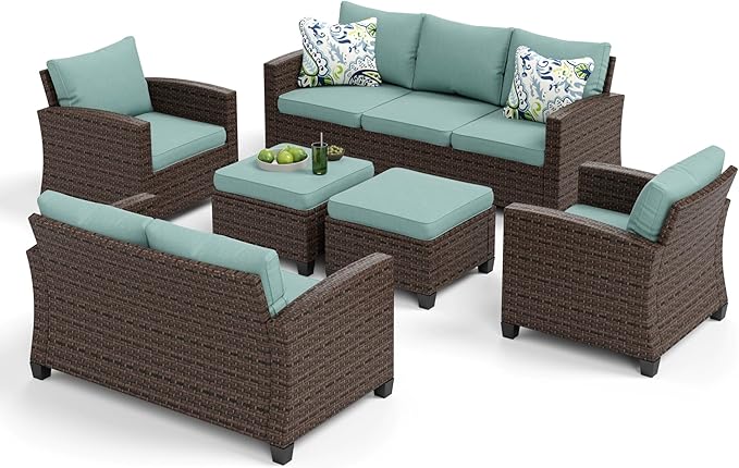 Patio Furniture Set, 6 Pcs Wicker Outdoor Conversation Set, 2 x Leg Chairs, 1 x 3 Seater Sofa, 1 x 2-Seat Lover Sofa and 2 x Ottomans with 4" Thick Cushion for Garden Backyard Deck, Blue