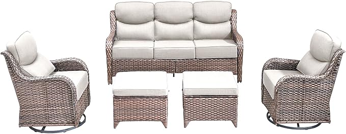 Luxury High Back Outdoor Furniture with 6-Inch Thick Cushions, Patio Furniture Set with Swivel Chairs, 5 PCS Wicker Conversation Set for Porch, Balcony, Deck and Yard