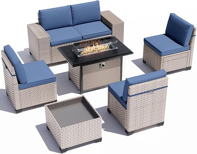 7 Pieces Patio Furniture Set with Fire Pit Table, Outdoor Sectional Wicker Sofa with Thickened Cushions and Coffee Table, High Back Rattan Patio Conversation Sets, Navy