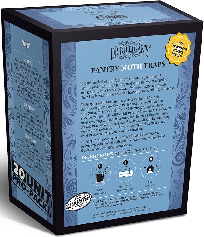 Dr. Killigan's Premium Double Potent Pantry Moth Traps with Pheromones Prime, Sticky Indian Meal Moth Traps for House, How to Get Rid of Moths in House, Organic Moth Pheromone Traps (20 Pack, Blue)