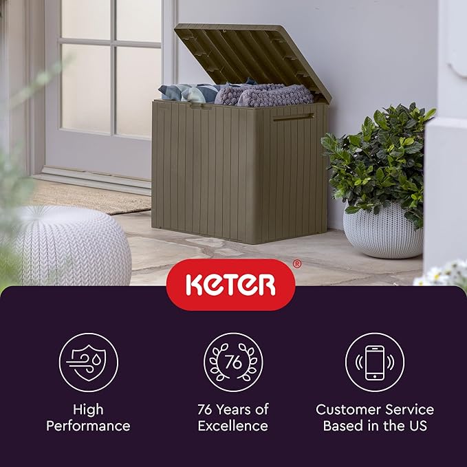 Keter City 30 Gallon Resin Outdoor Storage Box and Patio Furniture Side Table for Pool and Garden Accessories, Mossy Brown
