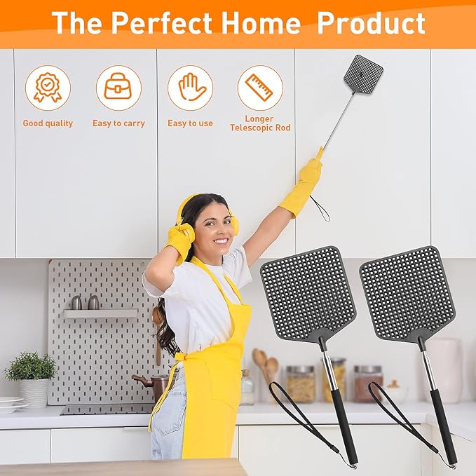 Telescopic Fly Swatters 2 Pack, Premium Plastic Flyswatter, Fly Swatter Heavy Duty for Indoor, Outdoor, Classroom, Stainless Steel Handle(Black)