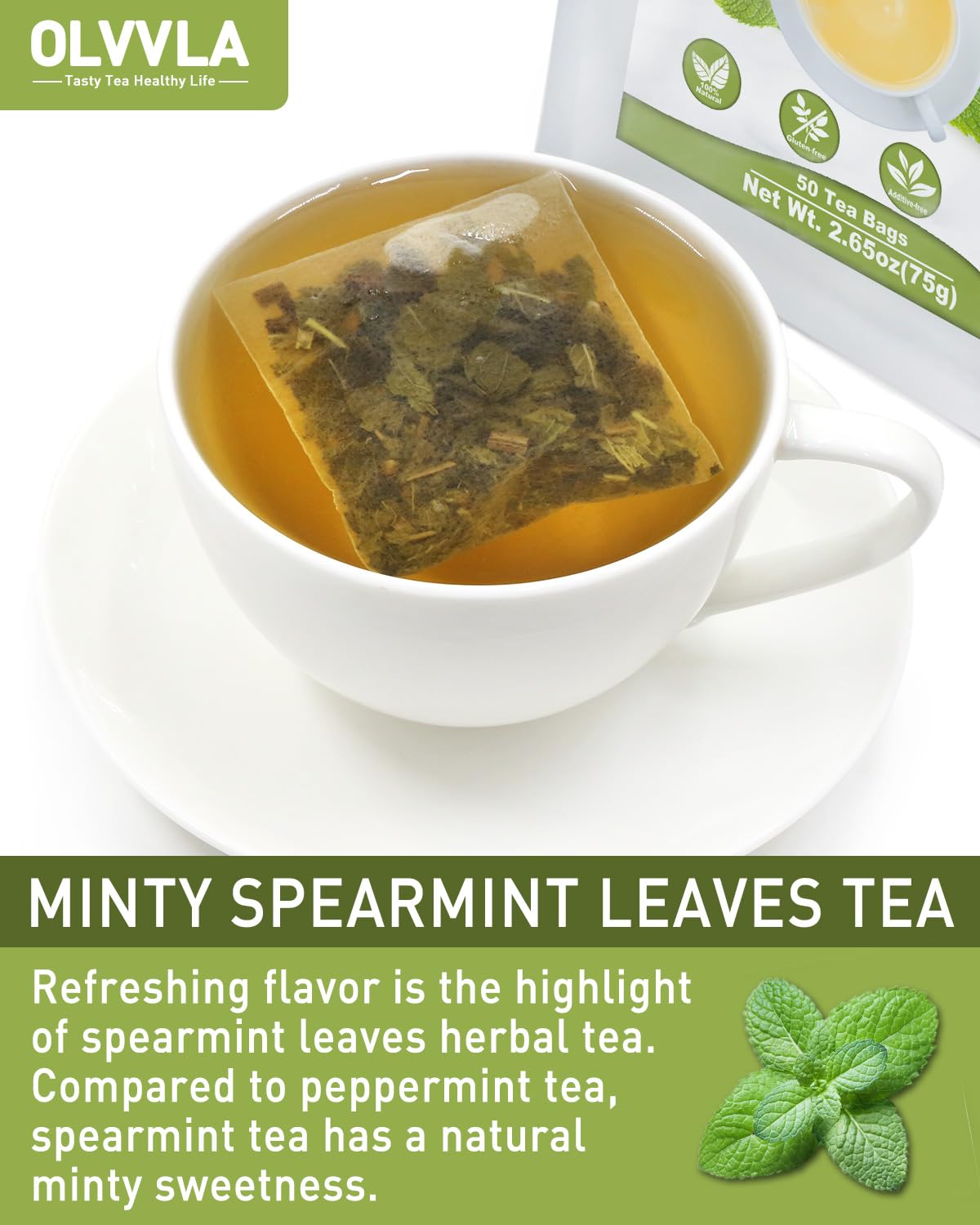 Olvvla - Spearmint Tea Bags - 1.5g X 50 Count - 100% Pure Natural Spearmint Leaves Herbal Tea - Non-GMO - Caffeine-free - Rich in Antioxidants & Promote Relaxation