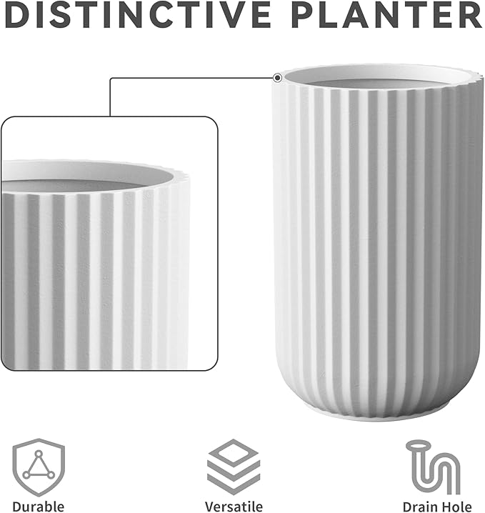 Kante Tall Fulted Planter, 21.7 Inch Tall Round Concrete Plant Pots with Drainage Hole and Rubber Plug, Modern Decor for Indoor Outdoor Plants, Flower, White