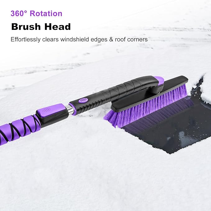 HEEYA 48 Inch Long Snow Brush for SUV, Extendable Ice Scraper and Brush with Foam Grip, 360° Pivoting Snow Car Brush for Truck Auto Jeep RV Vehicle Windshield Window - Purple