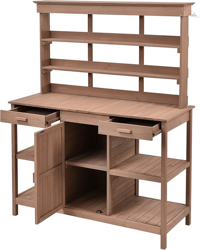Merax 66" Large Outdoor Farmhouse Wooden Potting Bench Table, Garden Workstation with 2 Drawers, Cabinet, and Open Shelves for Backyard, Mudroom, Brown