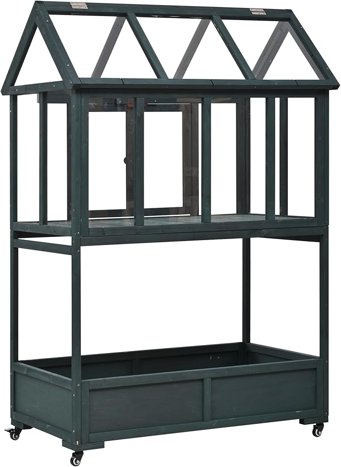 Merax 69" Wooden Greenhouse with Wheels - Portable Cold Frame for Balcony/Patio, UV-Resistant Indoor Outdoor Plant Growing Cabinet (Large, Heavy-Duty) (Forest Green)