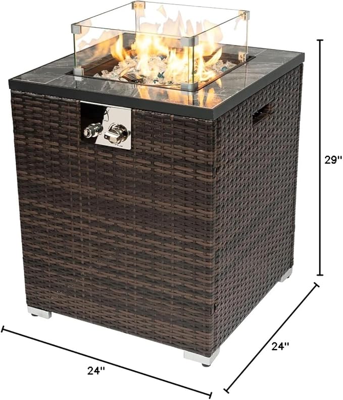 40,000 BTU Outdoor Propane Fire Pit Table with Auto-Ignition - Tempered Glass Wind Guard, Marble Tile Surface, Mixed-Color Fire Glass Rocks & Weather-Resistant Brown PE Rattan