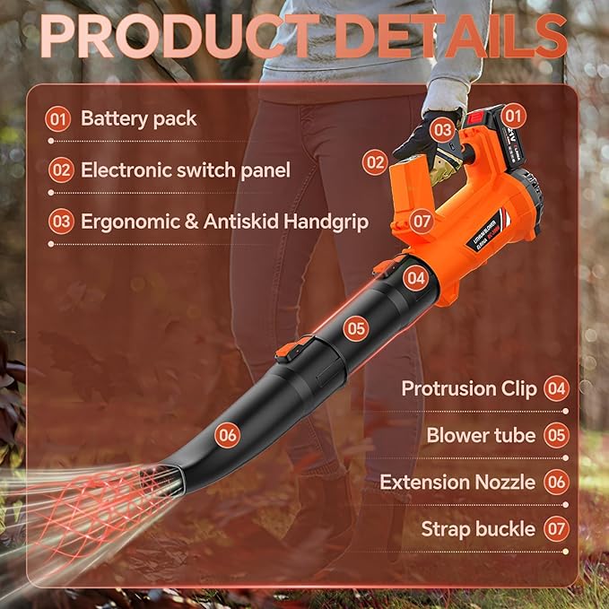 ELRINA Leaf Blower Cordless with 2 x 3.0Ah Batteries and Charger, 6-Speed Mode Lightweight Electric Blowers for Lawn Care, Yard Cleaning, Blowing Leaves, Dust, Snow Green, with Shoulder Straps