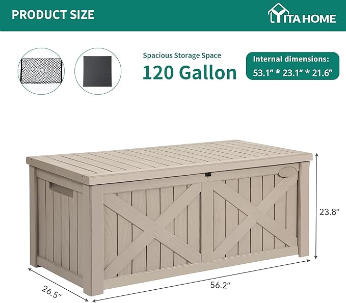 YITAHOME 120 Gallon Large Outdoor Storage Box with X-Shaped Front, Waterproof Resin Deck Box Cushion Storage Bench for Patio, Pool Supplies, Garden Tools- Lockable, Taupe