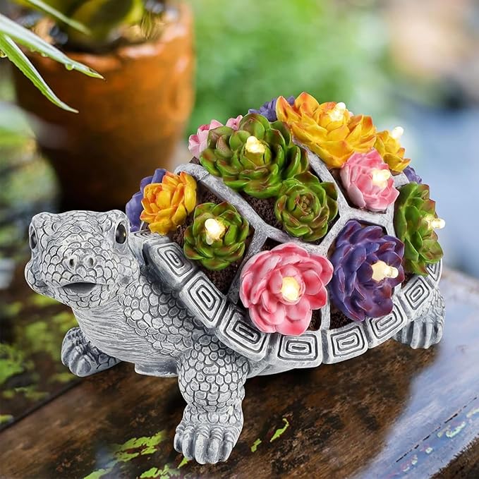 FORUP Turtle Garden Statue, Resin Turtle Figurine Garden Lawn Ornaments with Solar LED Lights for Outdoor Yard Garden Decorations, Grey