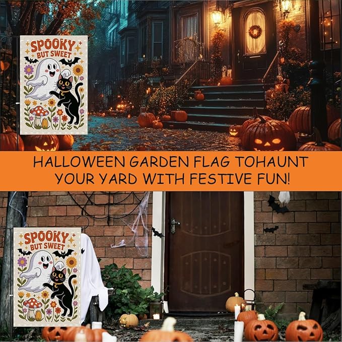 Fokongna Spooky But Sweet Halloween Garden Flags, Cute Ghost Black Cat Halloween Decor Flag, 12x18 Inch Burlap Vertical Double Sided Flags, for Home Yard Outside Decorations