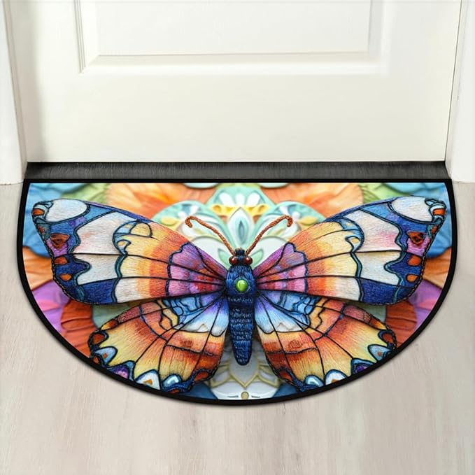 cfpolar Non-Slip Soft Half Round Door Mat, Color Butterfly Semicircle Mat for Indoor Entrance Garage Bath Living Room Patio 24 x 36 in