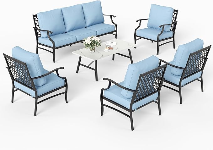 6 Piece Metal Outdoor Patio Furniture Set, Patio Conversation Sets 1 3-Seater Sofa, 4 Fixed Chairs with 5.75" Thick Cushion and Coffee Table, Backyard Furniture Set for Deck, Blue