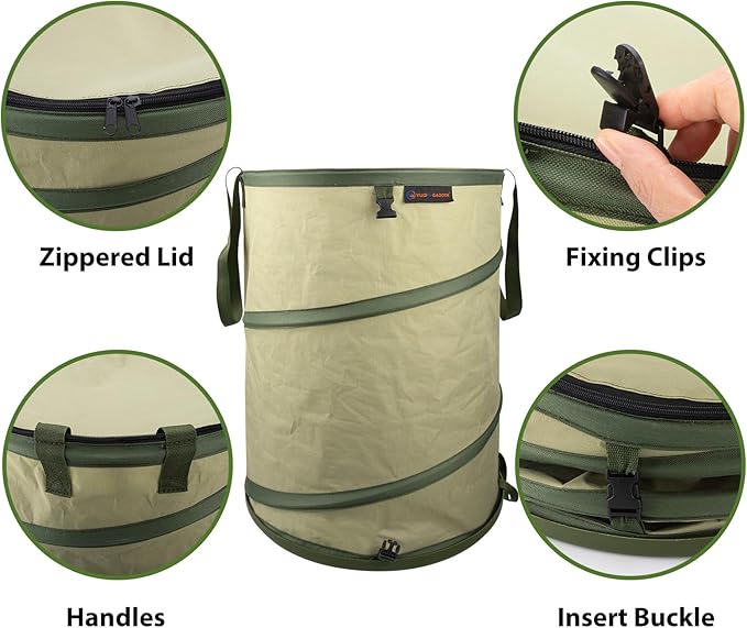 YUDI & GARDEN 29 Gallon Hard Bottom Collapsible Trash Can|Collapsible Garden Bag|Camping Trash Can, Green 2-Pack for Collecting Weeds or Party and Yard Waste