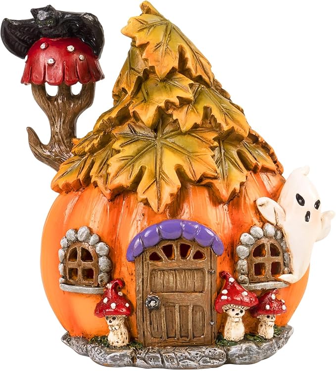 Colorful Light Up Halloween Village, 6.5"H Spooky Miniature Haunted House Decor, Resin Ghost Pumpkin Figurine Outdoor Fall Fairy Garden Statue, Indoor Tabletop Desk Mantel Decoration for Home
