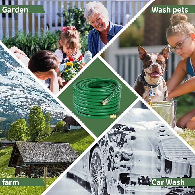 100FT 5/8 Heavy Duty Rubber Garden Hose - 200psi Working, 1000psi Burst - Hot/Cold Water - Five-Layered Braiding for Durability - Versatile for Gardening, Agriculture, Construction(Green)