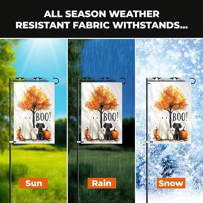 Happy Halloween Garden Flag – Ghost with Dogs and Pumpkins Design, 12x18 Double Sided Burlap Yard Flag for Fall Outdoor Decoration, Weatherproof