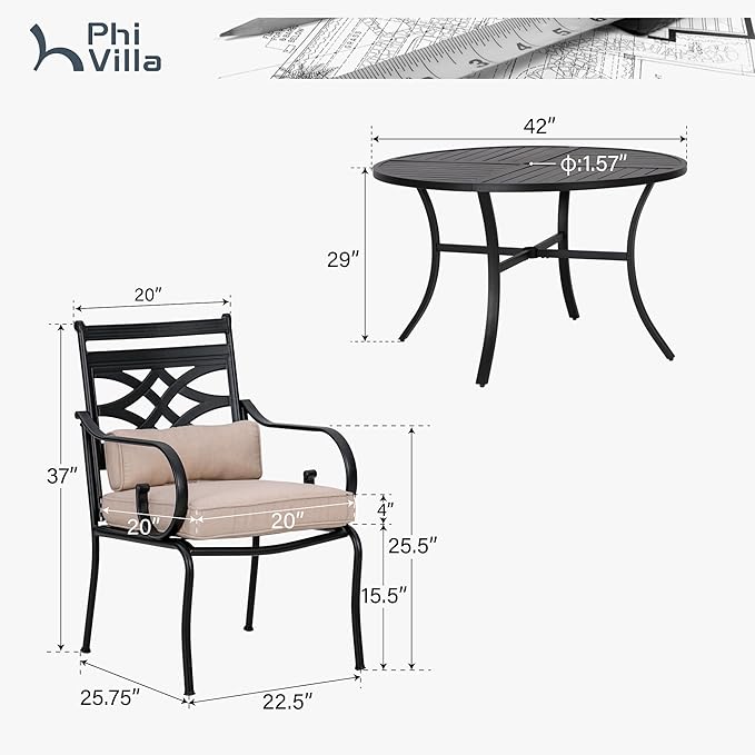 PHI VILLA 5 Pcs Patio Dining Set,Outdoor Table Chair Set for 4 with Outdoor Chairs and Metal Frame Steel Round Table,Outdoor Dining Furniture with Cushion and Pillow for Garden Lawn Deck