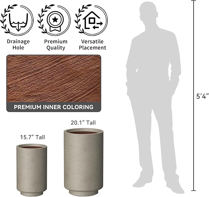 Kante 15.7 Inch Tall Concrete Planter, Round Pedestal Design Garden Pot for Indoor Outdoor Plants, Modern Garden Pot with Drainage Hole, Weathered Concrete Finish with Warm Brown Interior