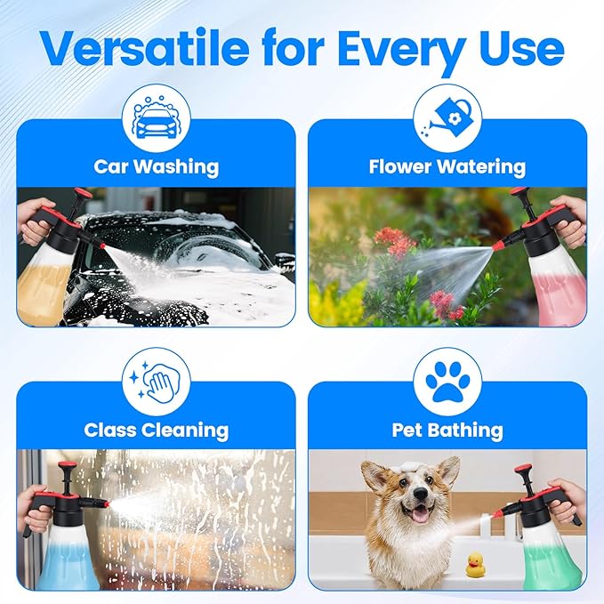 Awakening 2L Hand Pump Foam Sprayer, 68oz Garden Pump Sprayer, Car Wash Foaming Spray Bottle with 2 Adjustable Nozzles, Durable Tank, Visible Scale, Suitable for Car Washing and Lawn&Garden Care