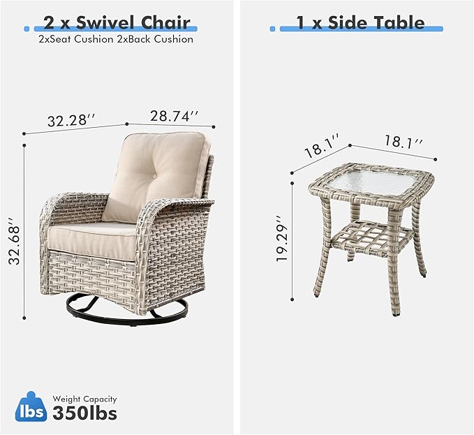 Outdoor Swivel Rocker Patio Chairs with Side Table,Wicker Swivel Rocking Chair Set of 2,3PCS High Back Wicker Patio Furniture Set Glider Chairs for Porch, Balcony, Deck,Yard,Beige