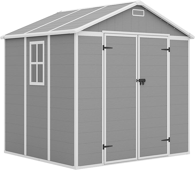 Outdoor Storage Shed, 8x6 FT Resin Shed with Floor and Lockable Door, Window & Vents, Tool Sheds & Outdoor Storage for Bike, Garden Accessories, Tools, Waterproof Grey White