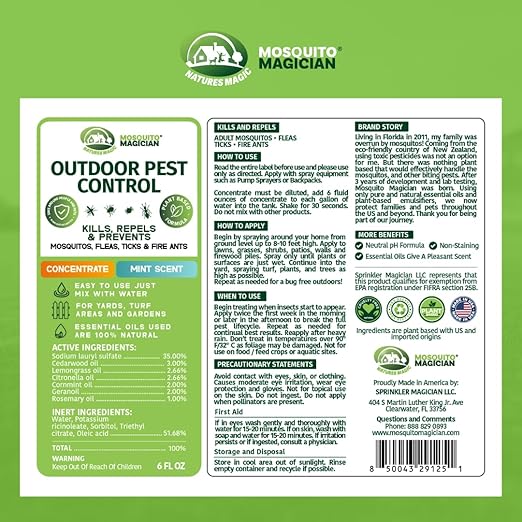 Mosquito Magician Ready to Use Hose Sprayer - Holds 32 Fl Oz of Liquid - Refillable - Kills Mosquitoes, Fleas, and Fire Ants - for Yards, Lawns, Patios - with Essential Oils - Mint