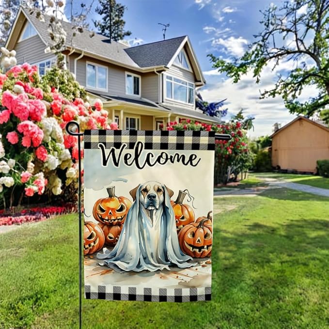 Ghost Dog Garden Flag with Jack O'Lantern Pumpkins Design Double Sided Farmhouse Welcome Decorative Small Burlap Flags 12.5 x 18 Inch for Outdoor Halloween Decor (Black)