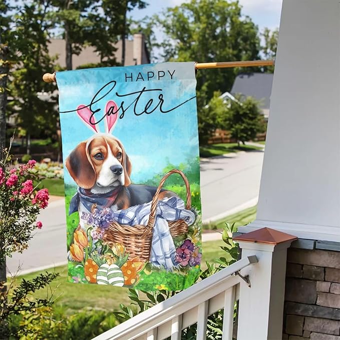 Beagle Dog Flower Happy Easter Bunny Cute Egg Garden Flag Welcome Party Outdoor Outside Decorations Picks Home House Garden Yard Decor 12x18 Inch