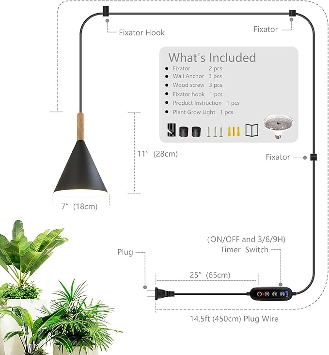 Hanging Grow Lights for Indoor Plants,Pendant Plant Lights for Indoor Growing,15W Full Spectrum, with Timer and 15FT Power Cord, Hanging Grow Light,Large Tall Plant Greenhouse (White)