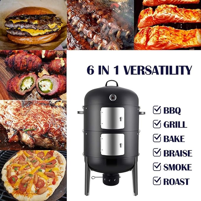 Realcook Charcoal BBQ Smoker Grill - 20 Inch Vertical Smoker for Outdoor Cooking Grilling