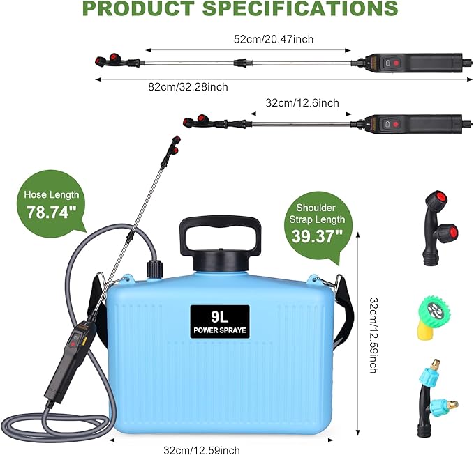 Battery Powered Garden Sprayer 2.4 Gallon Electric Pump Backpack Sprayer with USB Rechargeable Handle, Telescopic Wand, Adjustable Strap and 3 Mist Nozzles for Yard, Lawn, Cleaning 9L