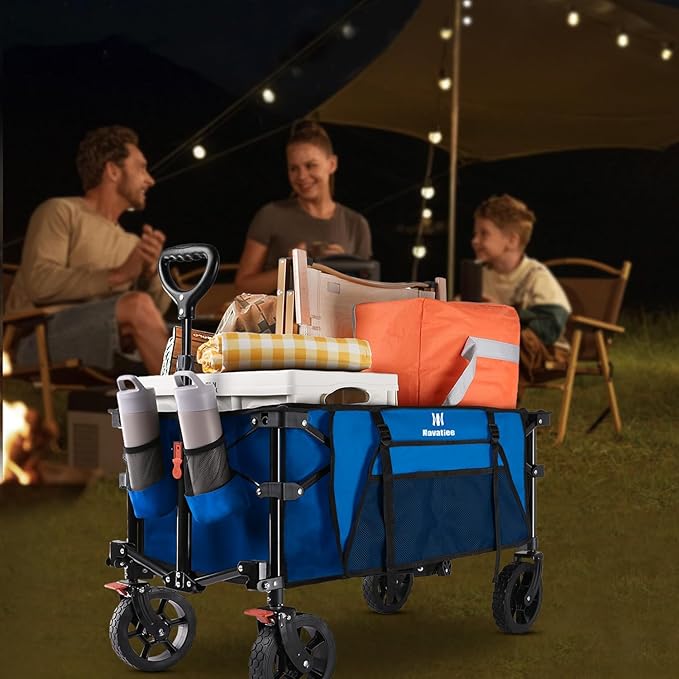 Navatiee 130L Collapsible Foldable Wagon With Wheels, Large Capacity Cart With Side Pocket and Brakes for Grocery Shopping, Garden and Outdoor Use, Blue