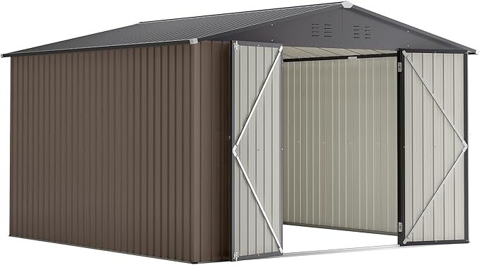 Outdoor Storage Shed, 10x10 FT Galvanized Steel Metal Shed, Lockable Waterproof Tool Storage Sheds for Garden, Patio, Lawn – Durable Storage Solution in Multiple Sizes