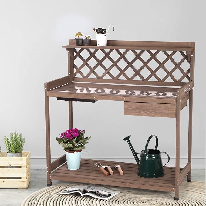 GUTINNEEN Potting Bench with PVC Layer, Sink, Lid, Gardening Work Bench Wooden Planting Table Outdoor with Storage, Drawer, Shelf, Hook