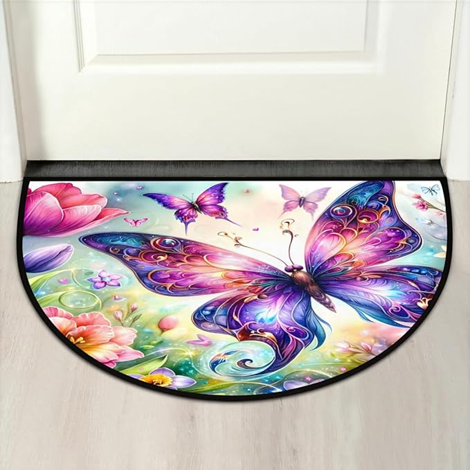 cfpolar Non-Slip Soft Half Round Door Mat, Butterfly Flower Semicircle Mat for Indoor Entrance Garage Bath Living Room Patio 24 x 36 in
