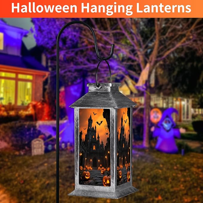 Halloween Decorations Outdoor,Halloween Hanging Decorations,Solar Lantern,Decor for Home Outside Porch Garden Yard Lawn Party Decorations(Bat Pumpkin Castle)