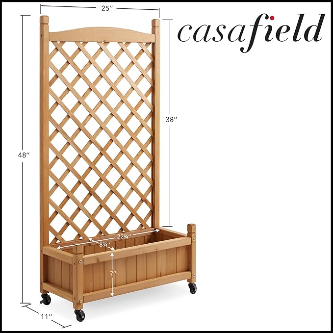 Casafield 48" Raised Garden Bed with Trellis - Wooden Diamond Lattice for Climbing Plants and Planter Box with Drainage Holes and Wheels
