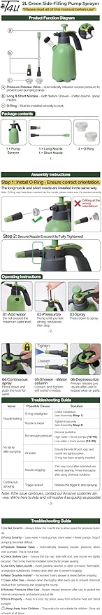 Hand Pump Sprayer 1/2 Gallon, Garden Pump Spray Bottle for Plants, Pressure Sprayer Bottle in Lawn and Garden Yard, Weed Chemical Sprayer with 2 Nozzle & Safety Pressure Relief Valve (2L/0.5Gal)