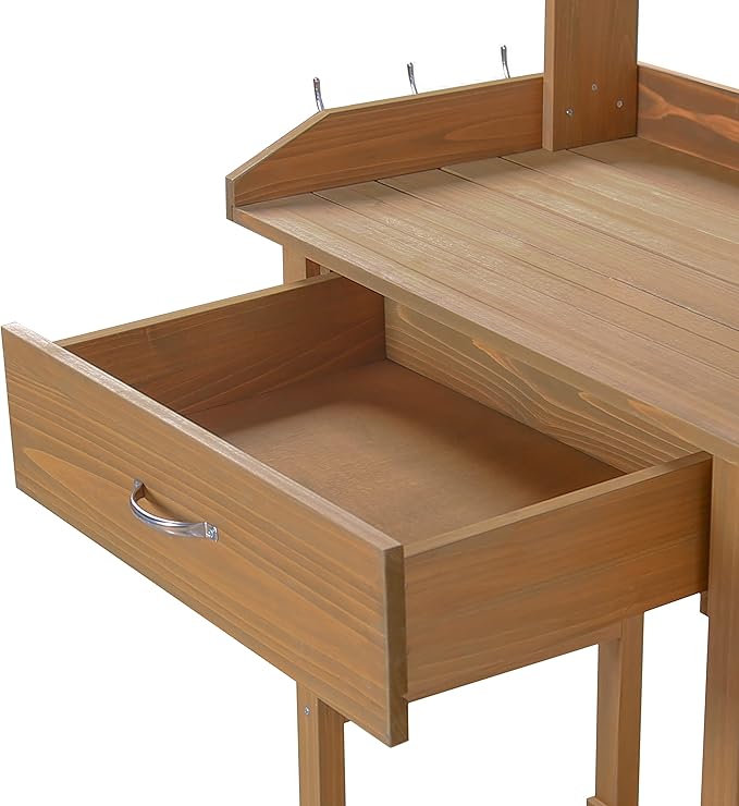 MUPATER Potting Bench Garden Table for Outdoors with Removable Stainless Sink, Planting Work Bench with Storage Shelves and Drawer, Natural Wood