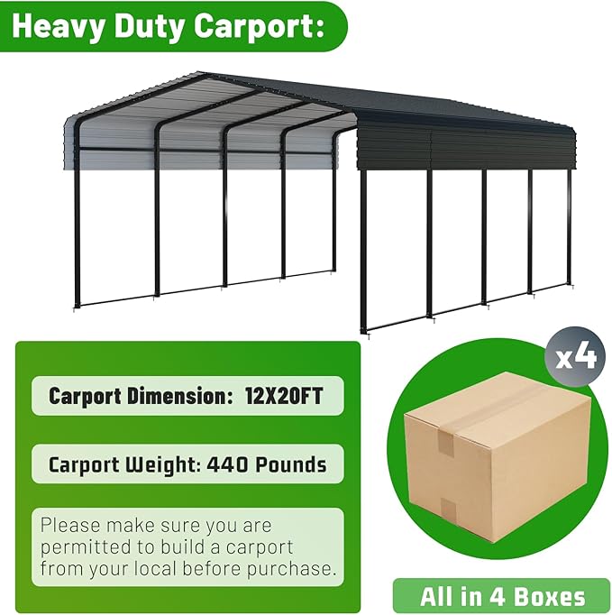 12 x 20 FT Metal Carport with Heavy Duty Galvanized Steel Roof & Durable Frame, Metal Car Garage, Sturdy Canopy Shelter for Car, Truck, Pickup, SUV, Tractor, and Boat
